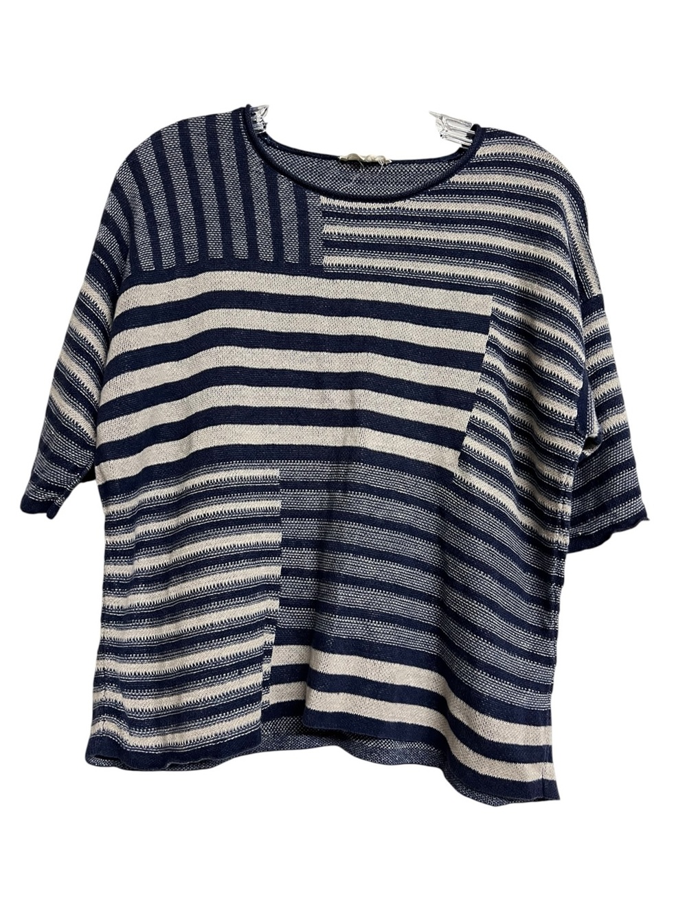 Eileen Fisher Organic Cotton Lagenlook Navy Cream Striped Lightweight Knit Top